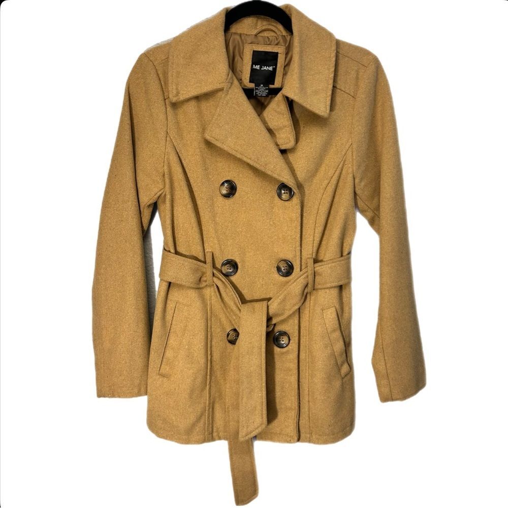 Me Jane Camel Pea Coat Wool Blend Size Medium With Belt